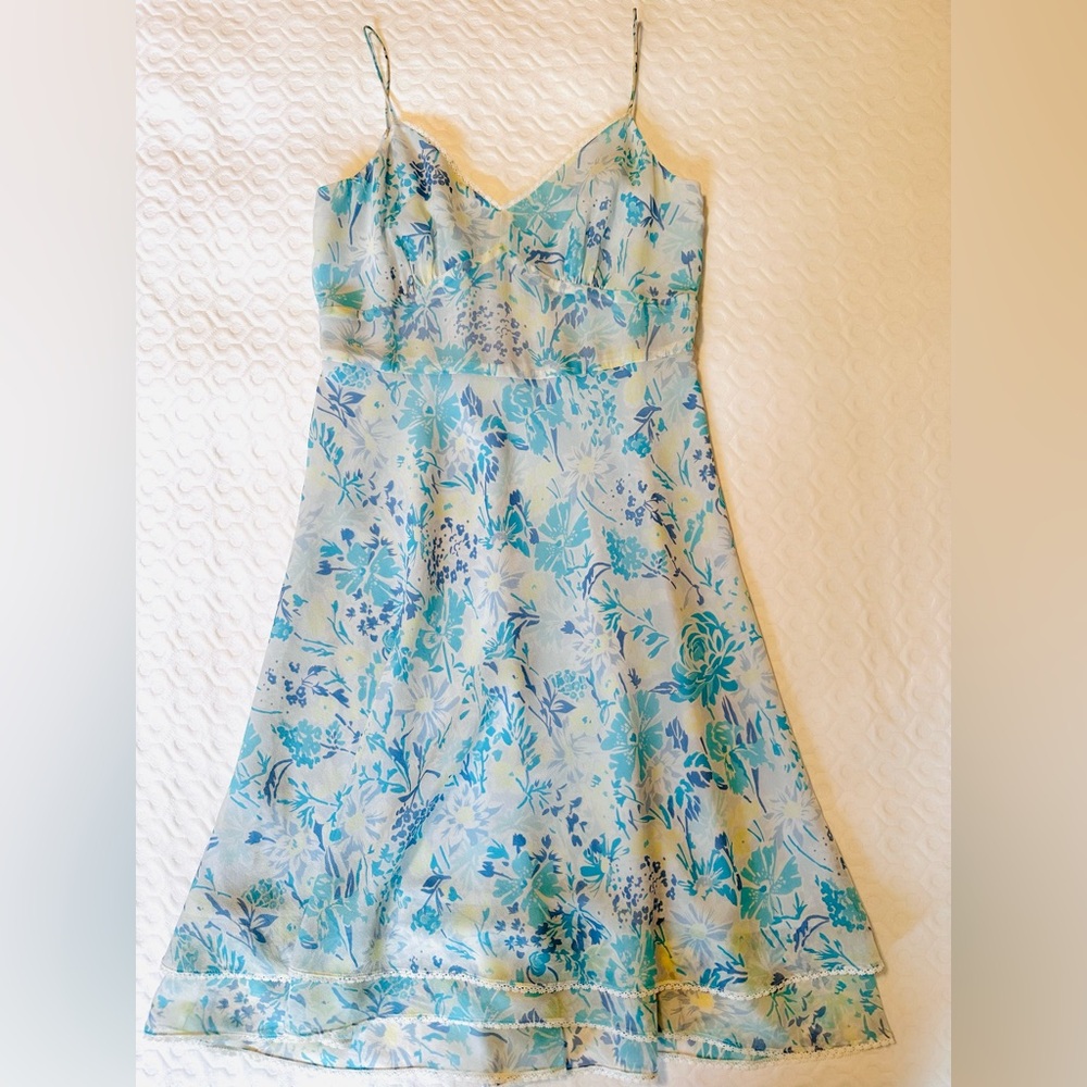 Ann Taylor Floral Silk Dress with shades of Blue, Yellow, and White